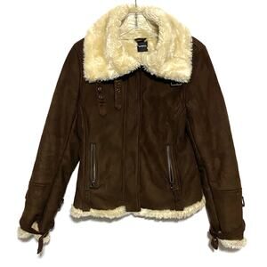 Express VTG Faux Suede Fur Brown Moto Bomber Jacket Womens S Zip Buckles Y2K